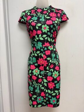 Neiman Marcus Floral Sheath Dress Small Black Pink Green Fitted Midi Zip Back